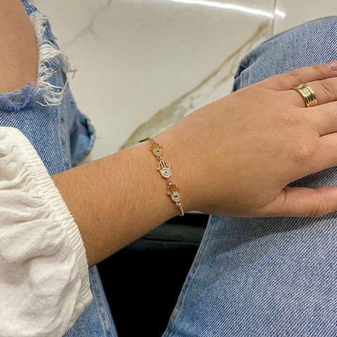Pulseira de Prata Três Mãos de Hamsa Cravejadas com Banho de Ouro