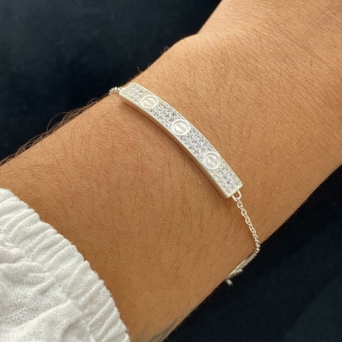 Pulseira de Prata Placa Cravejada 3 Fileiras Insp.Cartier - comprar online
