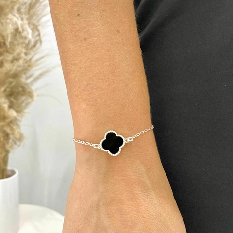 Pulseira de Prata 1 Trevo Pedra Natural Ônix Borda Pontilhada 1,5cm Insp.VCleef - comprar online