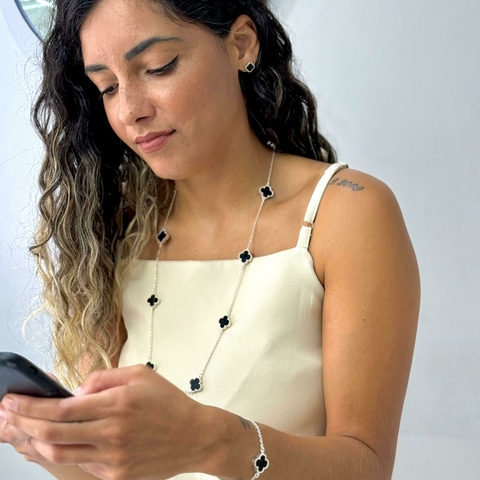 Conjunto de Prata Trevos Ônix Colar e Brinco Insp.VCleef