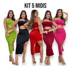 Kit 5 Vestidos Midi No Canelado Com Fenda Lateral Longo na internet
