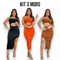 Kit 3 Vestidos Midi No Canelado com Fenda Lateral Longo - comprar online