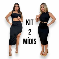 Imagem do Kit 2 Vestidos Midi Feminino No Canelado De Alcinha e Com Detalhe de Argola