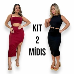 Kit 2 Vestidos Midi Feminino No Canelado De Alcinha e Com Detalhe de Argola - Dona Caah Conceito
