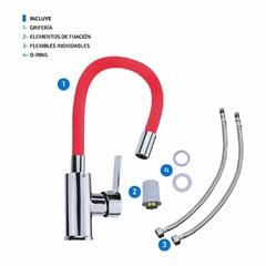 Monocomando Griferia Flexible color Rojo de cocina, cuello de goma flexible con estructura mallada de acero en internet