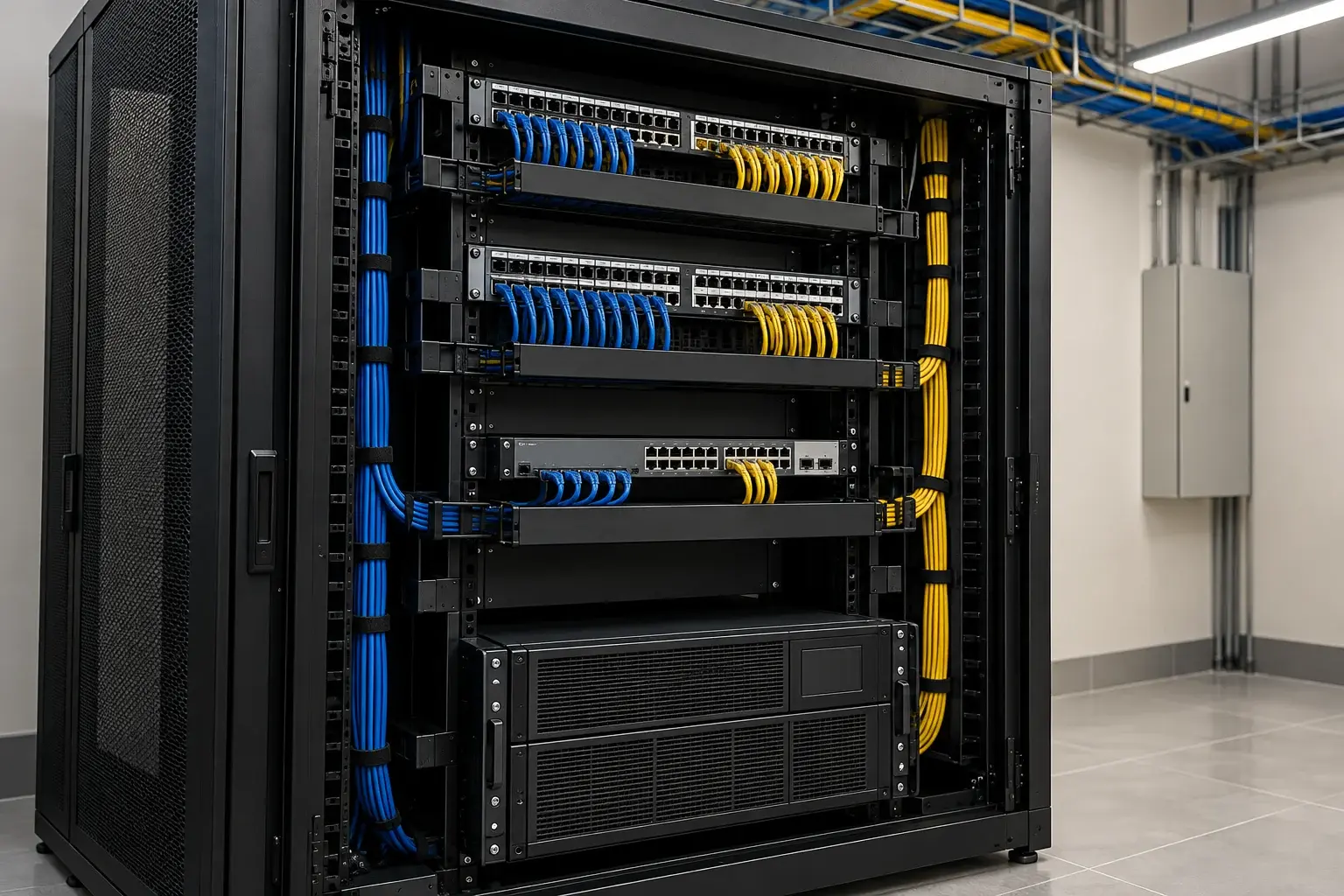 Rack organizado com switches, patch panels e cabeamento
