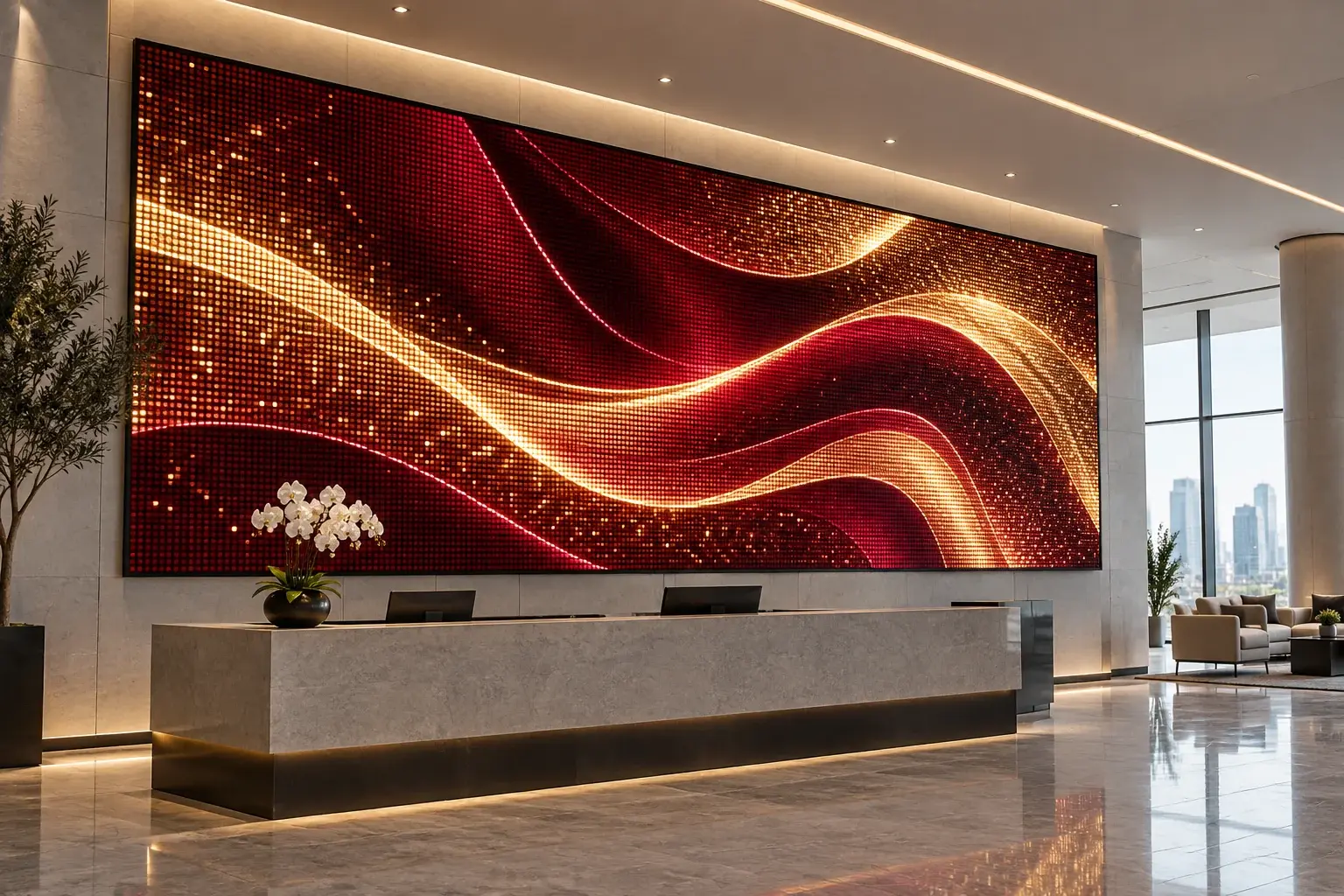 Grande painel LED em recepção comercial moderna