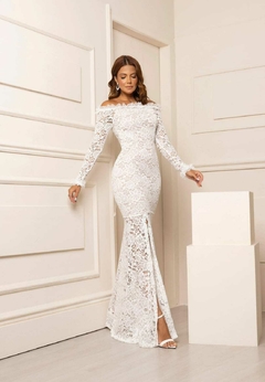 Vestido longo de forro nude com manga longa e laço nas costas - noiva civil