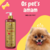 Frasco de shampoo neutralizador de odores com rótulo em destaque, ao lado de um cão pomerânia sorridente.