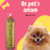 Frasco da máscara de hidratação para cães e gatos da Dolce Pet com rótulo de cereja e avelã, ao lado de um cão Pomerânia sorridente.