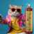 Gato usando óculos de sol e um casaco colorido ao lado de uma embalagem de shampoo clareador tonalizante Ametista Bambu Mossô da Dolce Pet.
