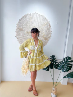 VESTIDO CURTO MANGA ARTESANAL VERDE - Horun - Moda Hippie, Femina, Boho, Leve