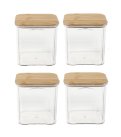 Kit 4 Potes Quadrado De Plástico Com Tampa De Bambu 890ml