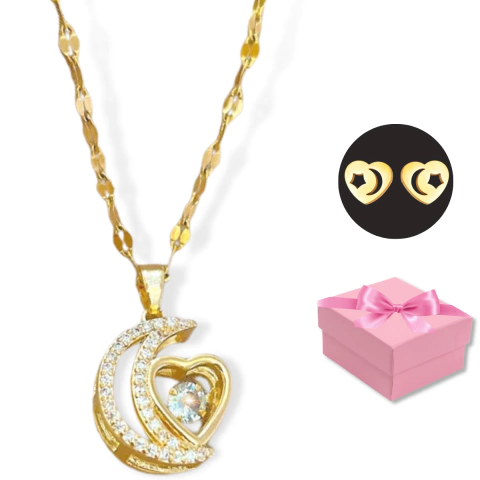 Collar Corazón Luna Zirconias Baño Oro 18 K Acero Aretes de Regalo