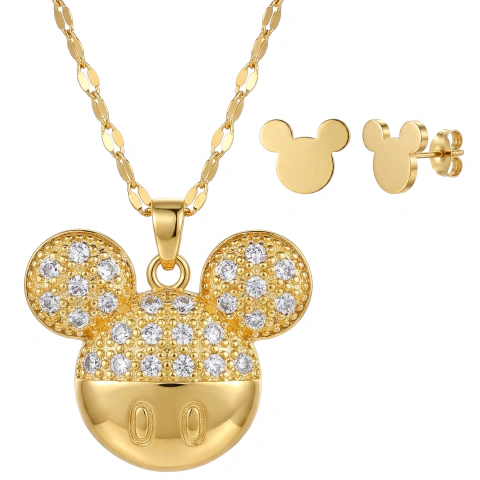 Collar Dije Mickey Baño de Oro con Zirconias