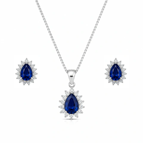 CONJUNTO COLAR BRINCO CRAVEJADO PRATA 925 GOTA AZUL SAFIRA
