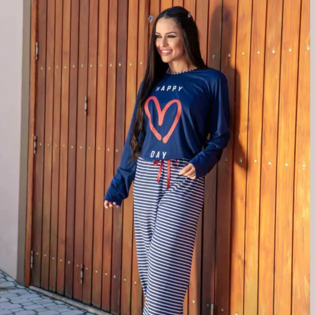 Pijama de Inverno Manga Longa e Calça Listrada