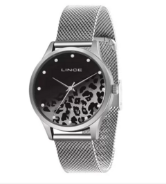 Relógio Lince Feminino Prateado Pulseira de Esteira Mostrador de Onça