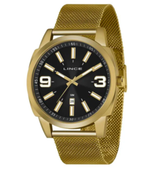 Relógio Lince Masculino Pulseira Mesh Dourada Mostrador Preto + Calendário