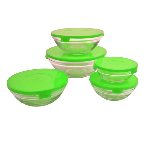 kIT Potes de Vidro Redondos com Tampa Plástica, Verde, 5 Peças