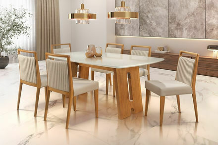 Conjunto de Mesa de Jantar Madeira Mod. 381 de 1.80m com 6 Cadeiras Estofada em Madeira Mod. 106