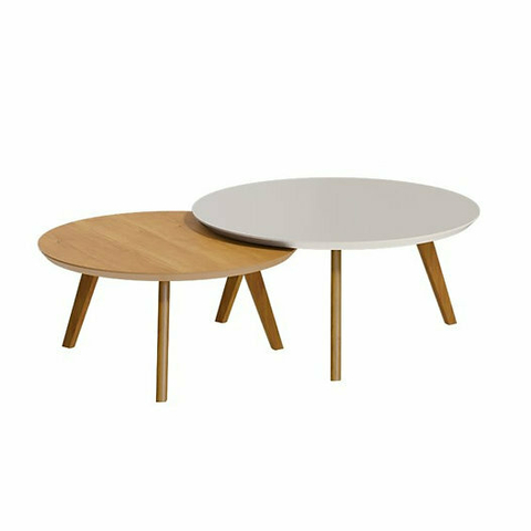 Conjunto de Mesas de Centro Redondas Classic Pés em Madeira Maciça Off White / Natural
