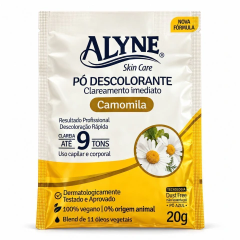 Sachê de 20g do Pó Descolorante Alyne Skin Care Camomila com tecnologia Dust Free, nova fórmula, clareia até 9 tons, 100% vegano, em fundo branco.
