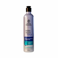 Frasco de 300ml do Condicionador Vibes Hidratação e Força da marca Corpo Dourado, com destaque para ingredientes como ácido hialurônico.