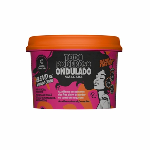 Máscara Todo Poderoso Ondulado Corpo Dourado 300g em pote com tampa laranja, destacando seus benefícios para cabelos ondulados.