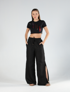 Calça pantalona linho/modal cós de elástico - Pietra - preta