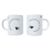 Caneca branca com frases românticas, uma com "Senhor Sempre Certo" e a outra com "Senhora Dona da Verdade", decorada com corações.