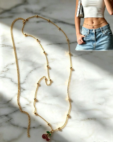 CINTURÓN Cadena Bronce Dorado con Dije Cereza Fantasia