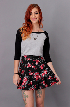 RAGLAN MANGA 3/4 FEMININA CINZA MESCLA + PRETO