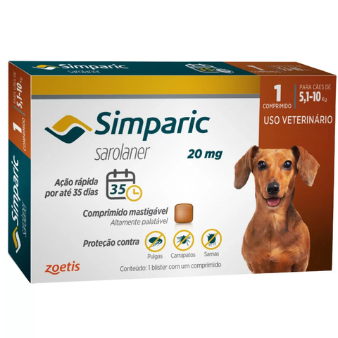 Antipulga e Carrapato Simparic 20mg (05,1 - 10kg) - 1 Comprimidos