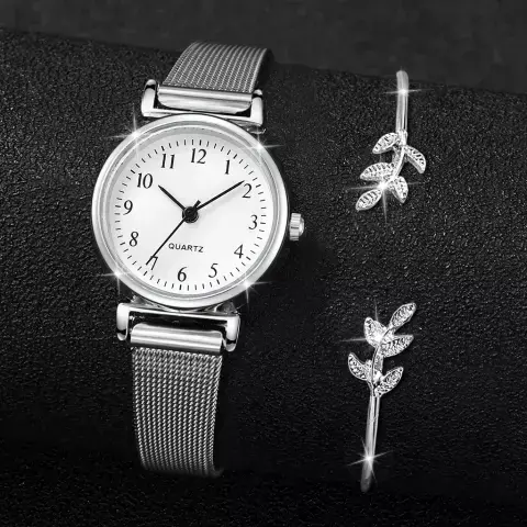 Conjunto Elegante de Relógio de Quartzo Feminino com Pulseira de Malha de Aço
