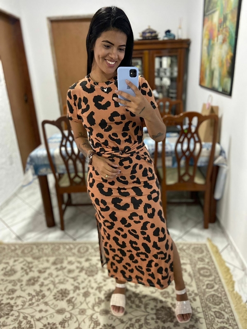Vestido Midi Amarração Estampa de Onça