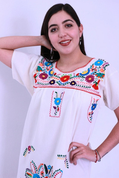 Imagen de Minivestido Mexicano Bordado A Mano Manta Beige/multicolor Talla, S,M,L