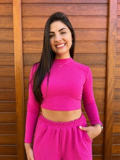 Blusa manga comprida cropped em lurex pink
