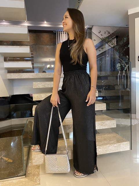 Calça de brilho preta com fenda