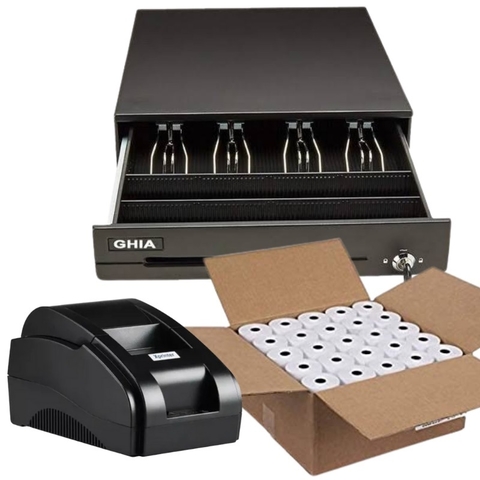 KIT CAJÓN DE DINERO + IMPRESORA DE TICKETS BLUETOOTH 57mm + CAJA DE ROLLOS 57mm