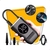 Mini compressor de ar portátil, recarregável, com display digital e acessórios para calibrar pneus.