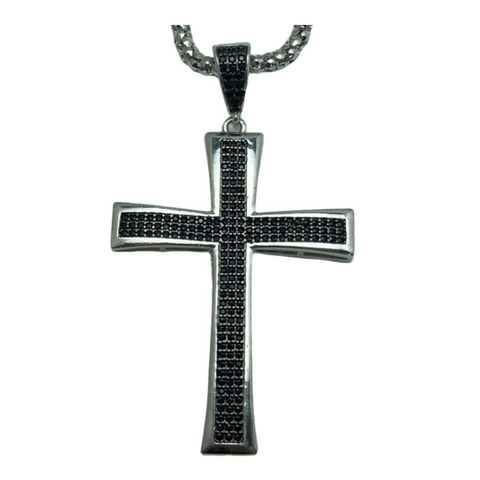 Colar Pingente Crucifixo Bordas Retas Zircônia Preta Cravejado Banhado em Ródio - comprar online