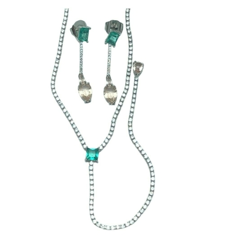 Conjunto Riviera Colar Gravata e Brincos Zircônia Cristal com Pedra Central Quadrada Verde Banhado em Ródio - comprar online