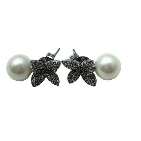 Brinco Folhas Cravejadas com Pingente Pérola Banhado em Ródio - comprar online