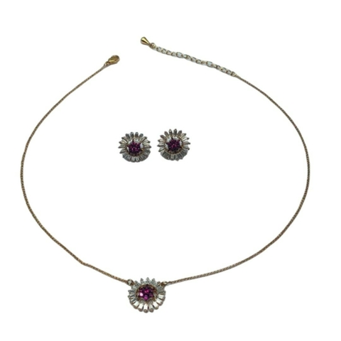 Conjunto Colar e Brinco Circular com Zircônia Cristal e Magenta Banhado em Ouro 18K - comprar online