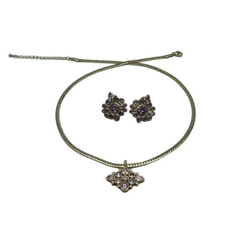 Conjunto Colar e Brincos com Pedras Zircônias Rosas e Lilás Banhado em Ouro 18K - comprar online