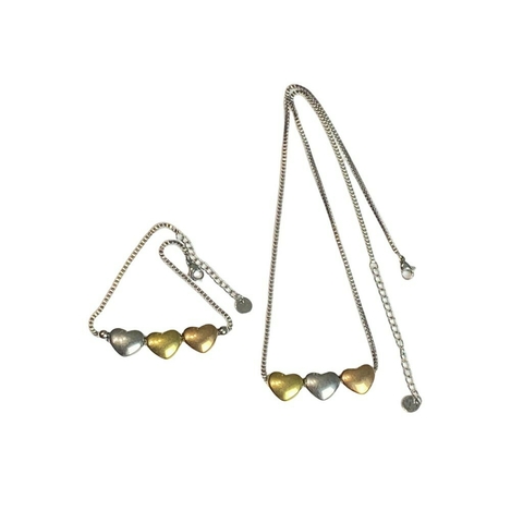 Conjunto de Colar e Pulseira 3 Corações em Aço