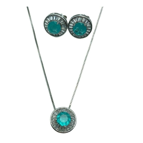 Conjunto Colar e Brinco Pedra Fusion Redonda Verde Tiffany com Baguete de Zircônia Banhado em Ródio - comprar online