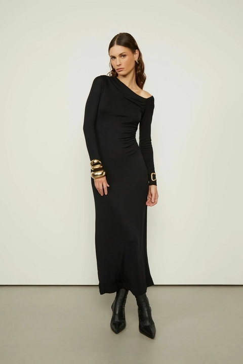 Vestido Animale Midi Ombro Franzido