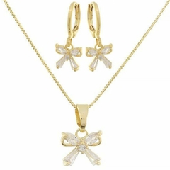 Conjunto Brincos E Colar Pingente de Laço Banhado A Ouro 18k